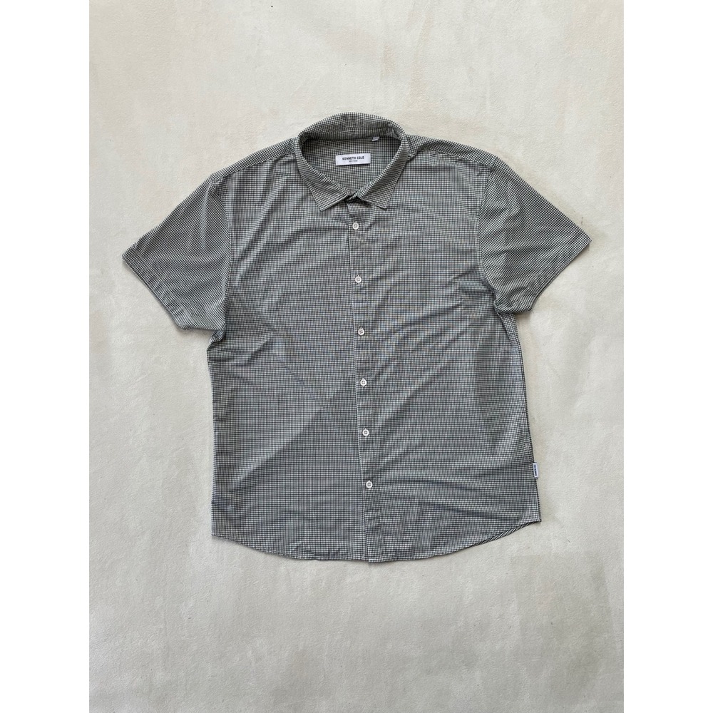 Kenneth Cole Mens Large Green White Gingham Short Sleeve Button Down Shirt